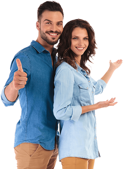 A couple showing thumbs up on a white background at home.